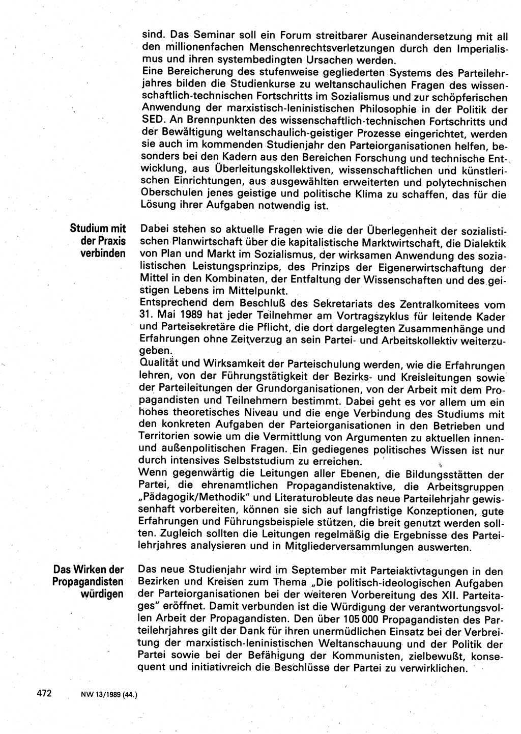 Neuer Weg (NW), Organ des Zentralkomitees (ZK) der SED (Sozialistische Einheitspartei Deutschlands) für Fragen des Parteilebens, 44. Jahrgang [Deutsche Demokratische Republik (DDR)] 1989, Seite 472 (NW ZK SED DDR 1989, S. 472)