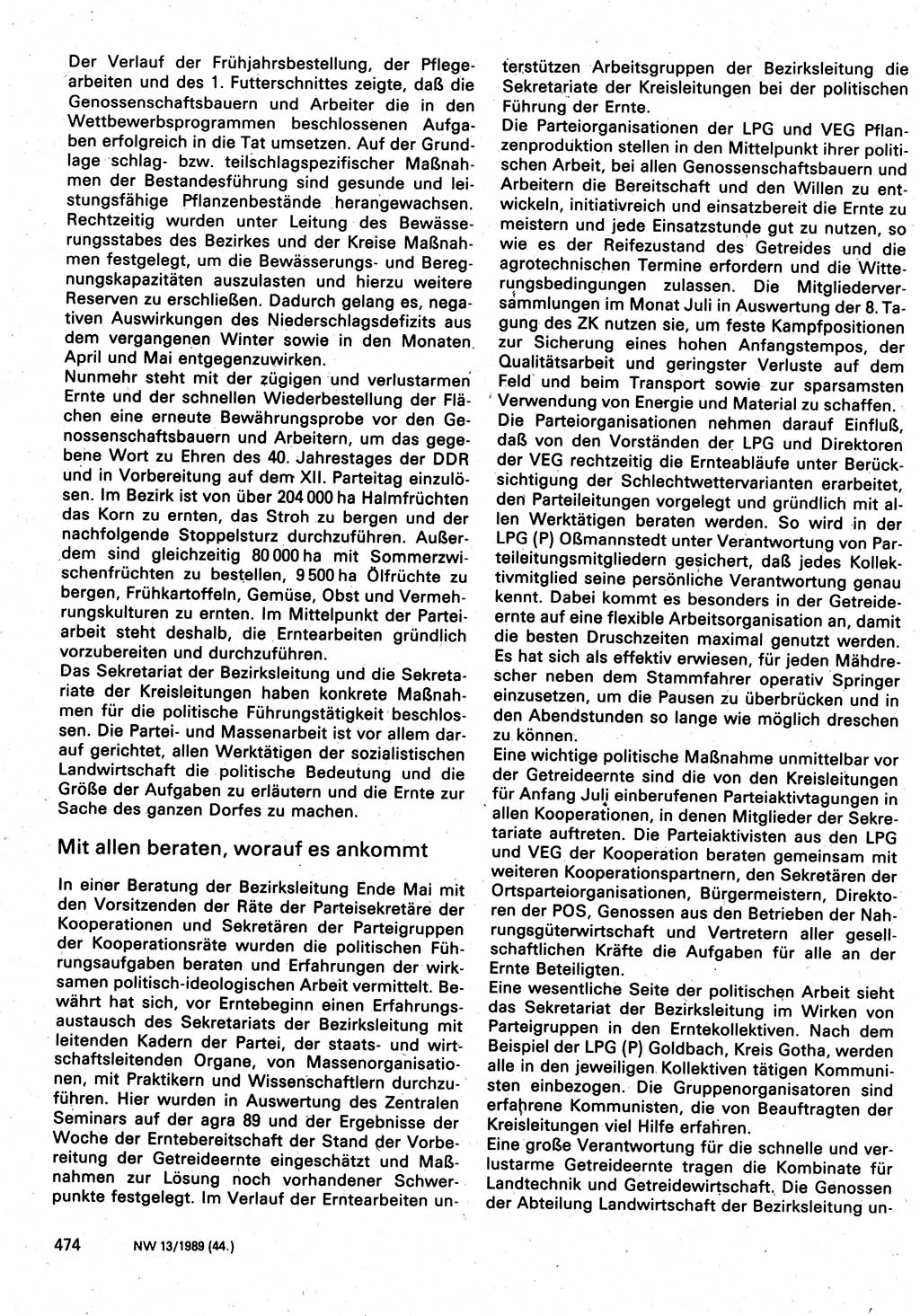 Neuer Weg (NW), Organ des Zentralkomitees (ZK) der SED (Sozialistische Einheitspartei Deutschlands) für Fragen des Parteilebens, 44. Jahrgang [Deutsche Demokratische Republik (DDR)] 1989, Seite 474 (NW ZK SED DDR 1989, S. 474)