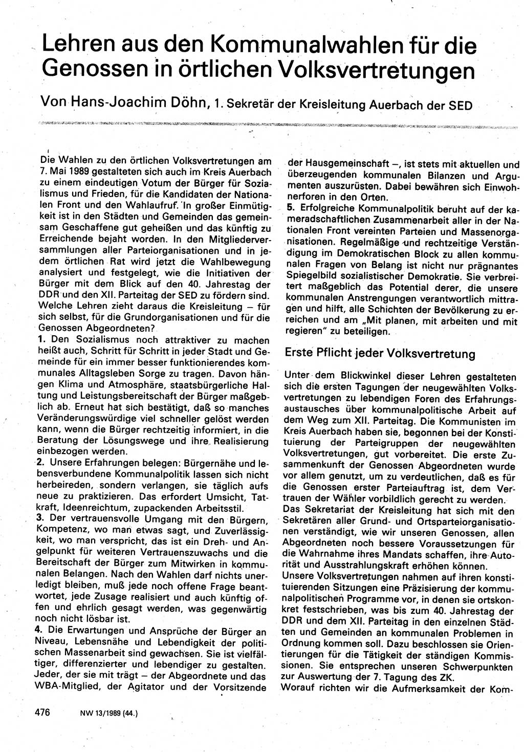 Neuer Weg (NW), Organ des Zentralkomitees (ZK) der SED (Sozialistische Einheitspartei Deutschlands) für Fragen des Parteilebens, 44. Jahrgang [Deutsche Demokratische Republik (DDR)] 1989, Seite 476 (NW ZK SED DDR 1989, S. 476)