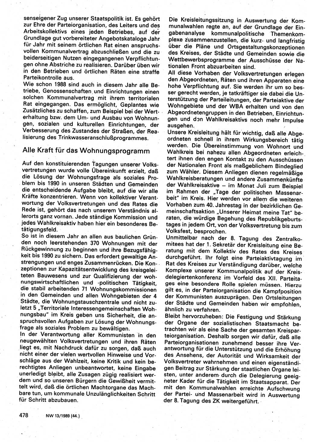 Neuer Weg (NW), Organ des Zentralkomitees (ZK) der SED (Sozialistische Einheitspartei Deutschlands) für Fragen des Parteilebens, 44. Jahrgang [Deutsche Demokratische Republik (DDR)] 1989, Seite 478 (NW ZK SED DDR 1989, S. 478)