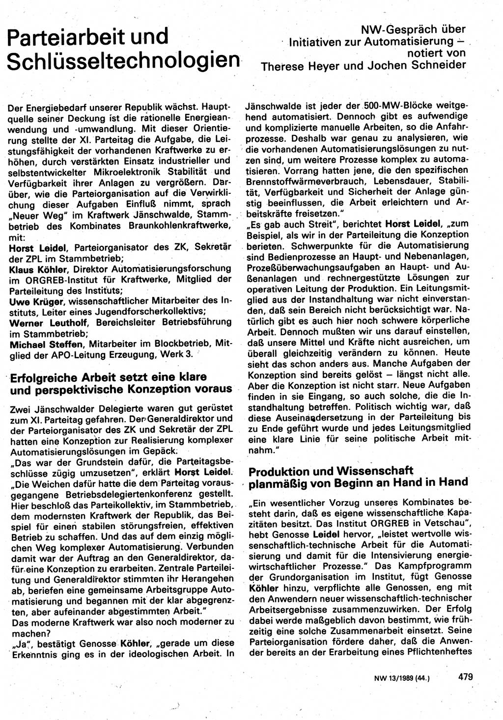 Neuer Weg (NW), Organ des Zentralkomitees (ZK) der SED (Sozialistische Einheitspartei Deutschlands) für Fragen des Parteilebens, 44. Jahrgang [Deutsche Demokratische Republik (DDR)] 1989, Seite 479 (NW ZK SED DDR 1989, S. 479)
