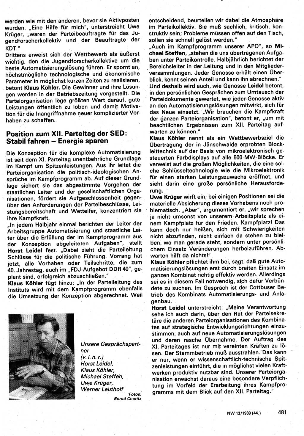 Neuer Weg (NW), Organ des Zentralkomitees (ZK) der SED (Sozialistische Einheitspartei Deutschlands) für Fragen des Parteilebens, 44. Jahrgang [Deutsche Demokratische Republik (DDR)] 1989, Seite 481 (NW ZK SED DDR 1989, S. 481)