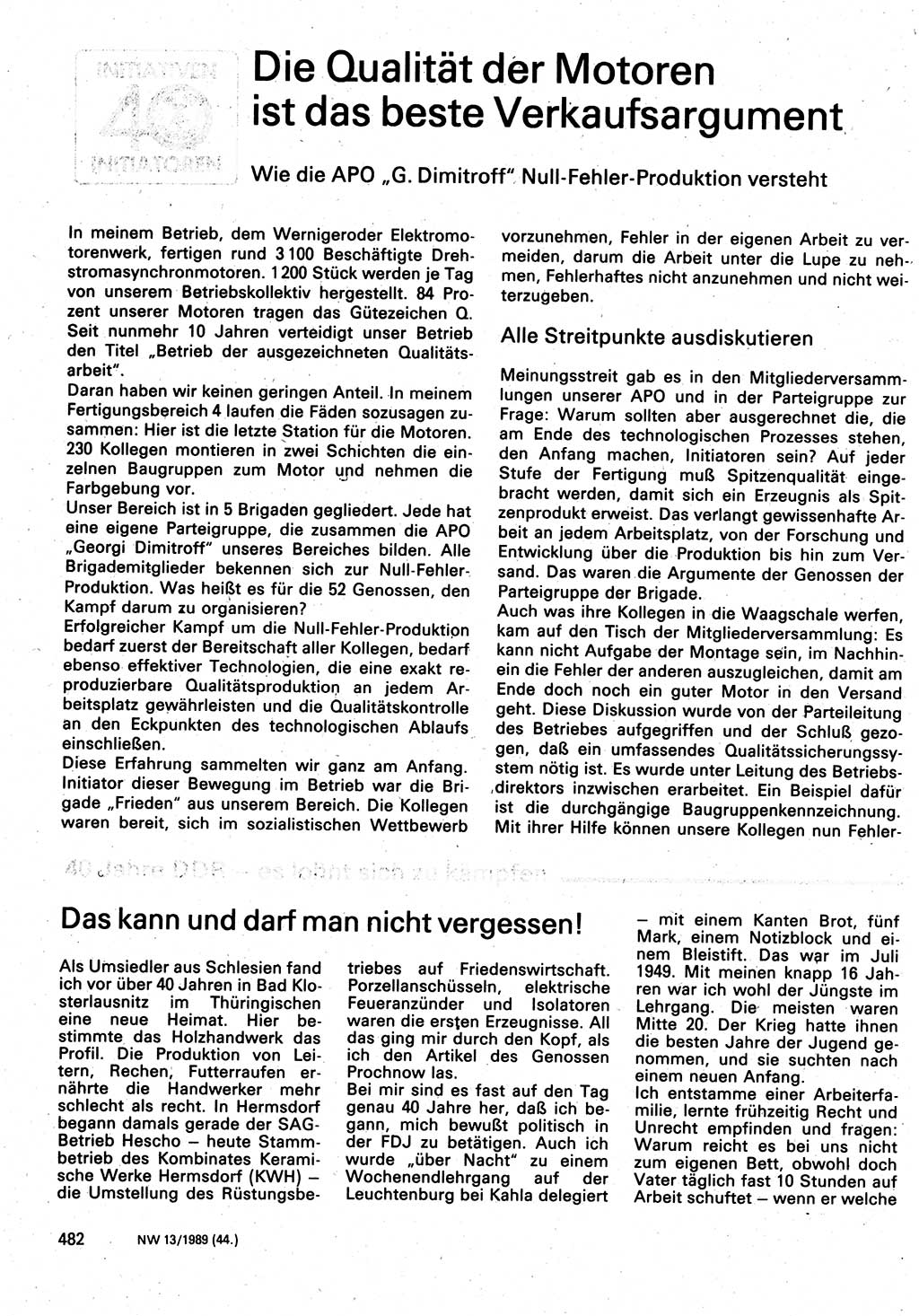 Neuer Weg (NW), Organ des Zentralkomitees (ZK) der SED (Sozialistische Einheitspartei Deutschlands) für Fragen des Parteilebens, 44. Jahrgang [Deutsche Demokratische Republik (DDR)] 1989, Seite 482 (NW ZK SED DDR 1989, S. 482)