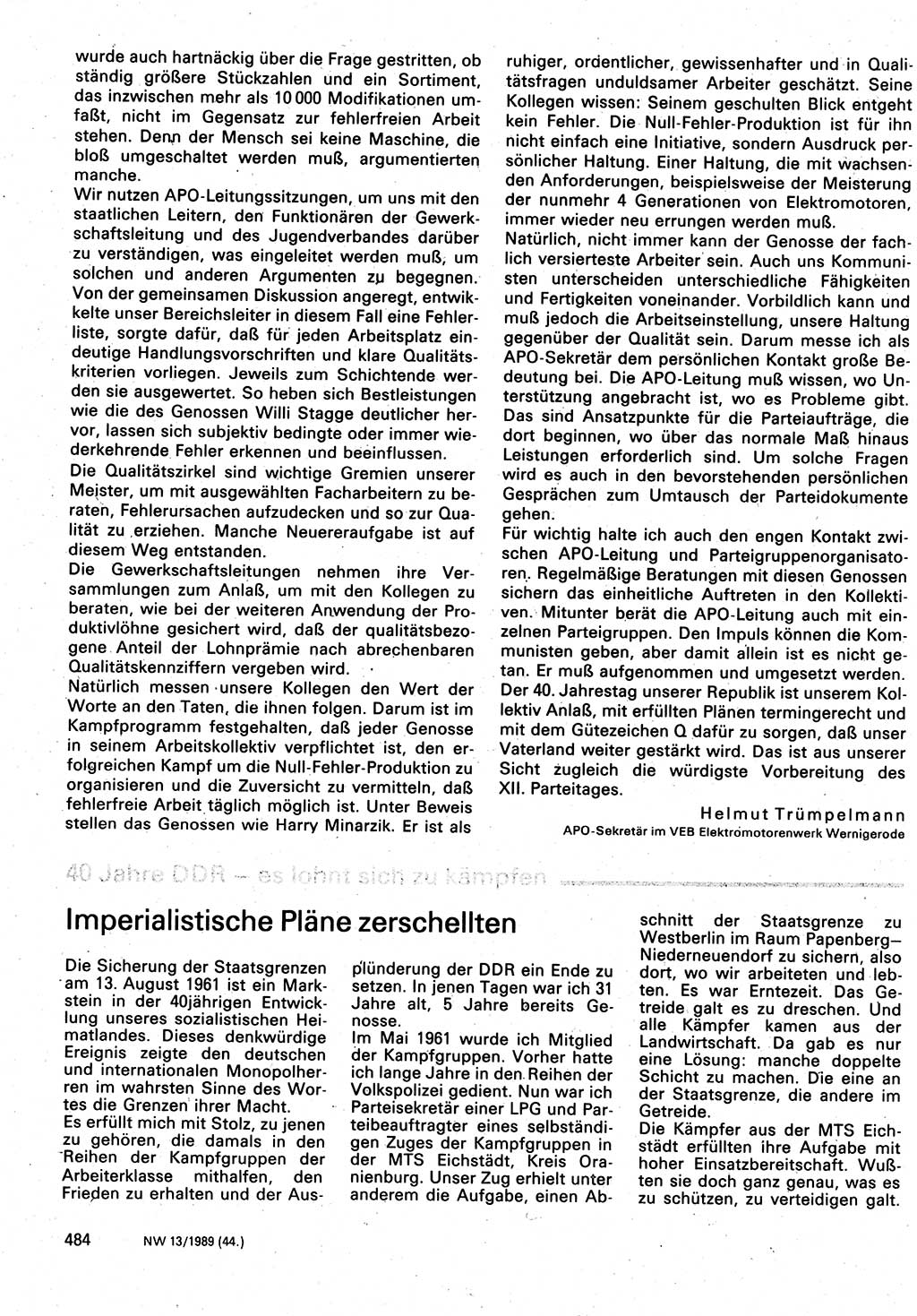 Neuer Weg (NW), Organ des Zentralkomitees (ZK) der SED (Sozialistische Einheitspartei Deutschlands) für Fragen des Parteilebens, 44. Jahrgang [Deutsche Demokratische Republik (DDR)] 1989, Seite 484 (NW ZK SED DDR 1989, S. 484)