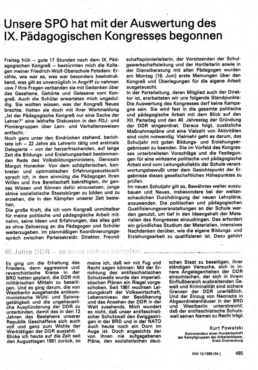 Neuer Weg (NW), Organ des Zentralkomitees (ZK) der SED (Sozialistische Einheitspartei Deutschlands) für Fragen des Parteilebens, 44. Jahrgang [Deutsche Demokratische Republik (DDR)] 1989, Seite 485 (NW ZK SED DDR 1989, S. 485)
