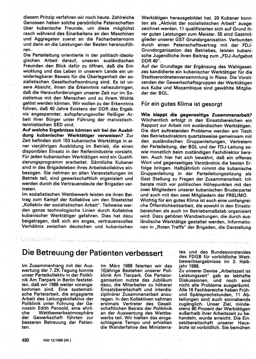 Neuer Weg (NW), Organ des Zentralkomitees (ZK) der SED (Sozialistische Einheitspartei Deutschlands) für Fragen des Parteilebens, 44. Jahrgang [Deutsche Demokratische Republik (DDR)] 1989, Seite 490 (NW ZK SED DDR 1989, S. 490)