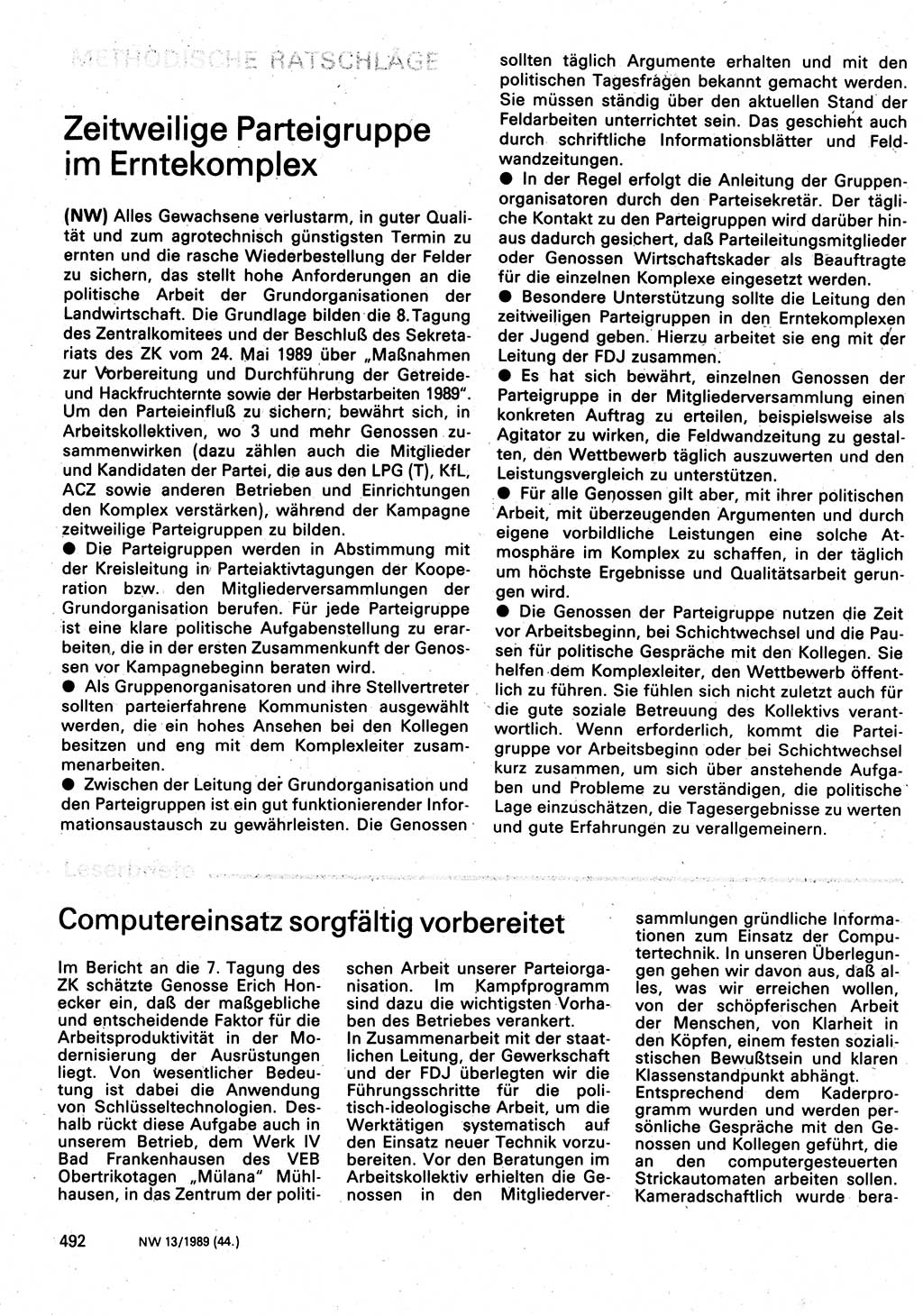 Neuer Weg (NW), Organ des Zentralkomitees (ZK) der SED (Sozialistische Einheitspartei Deutschlands) für Fragen des Parteilebens, 44. Jahrgang [Deutsche Demokratische Republik (DDR)] 1989, Seite 492 (NW ZK SED DDR 1989, S. 492)