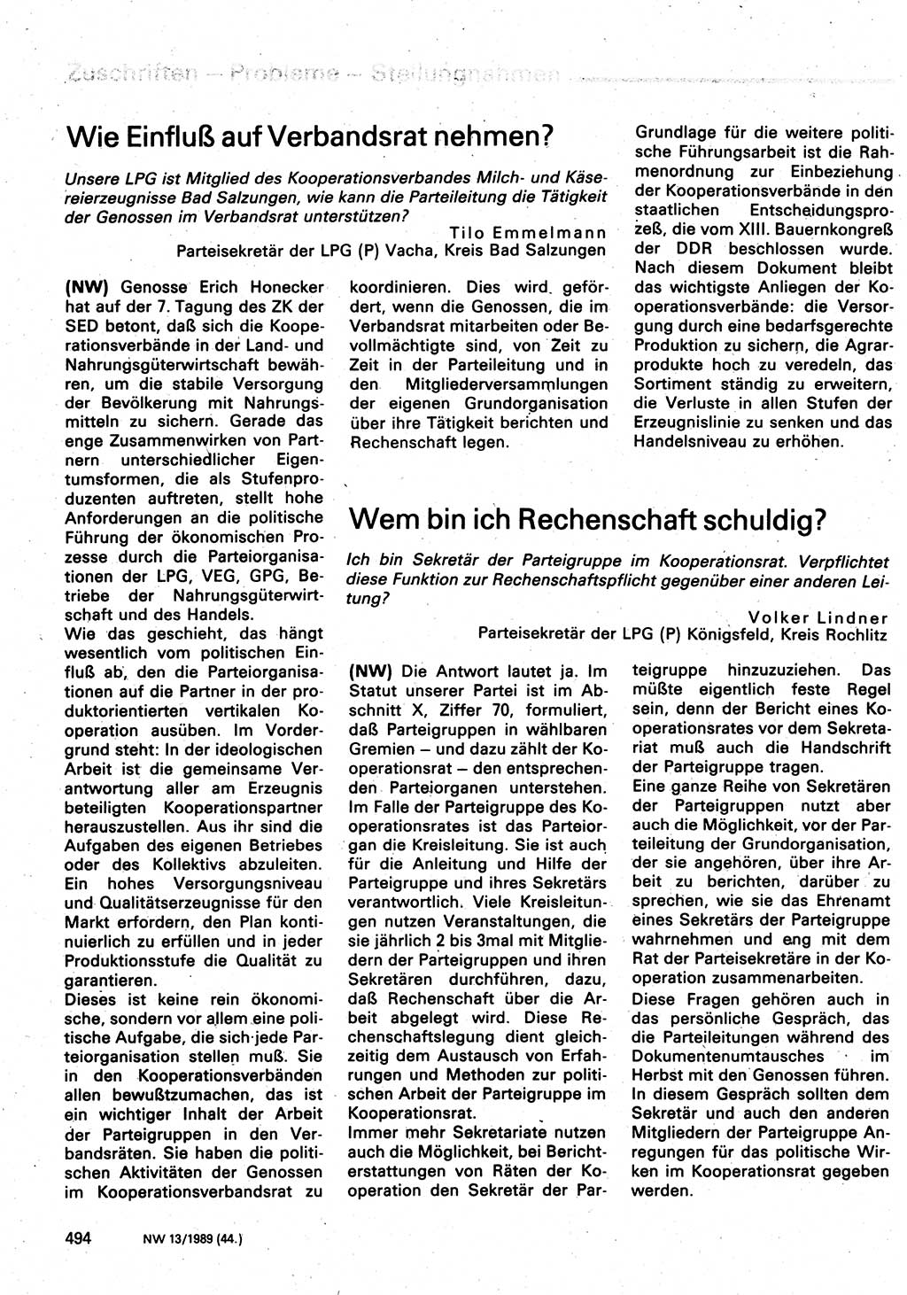 Neuer Weg (NW), Organ des Zentralkomitees (ZK) der SED (Sozialistische Einheitspartei Deutschlands) für Fragen des Parteilebens, 44. Jahrgang [Deutsche Demokratische Republik (DDR)] 1989, Seite 494 (NW ZK SED DDR 1989, S. 494)