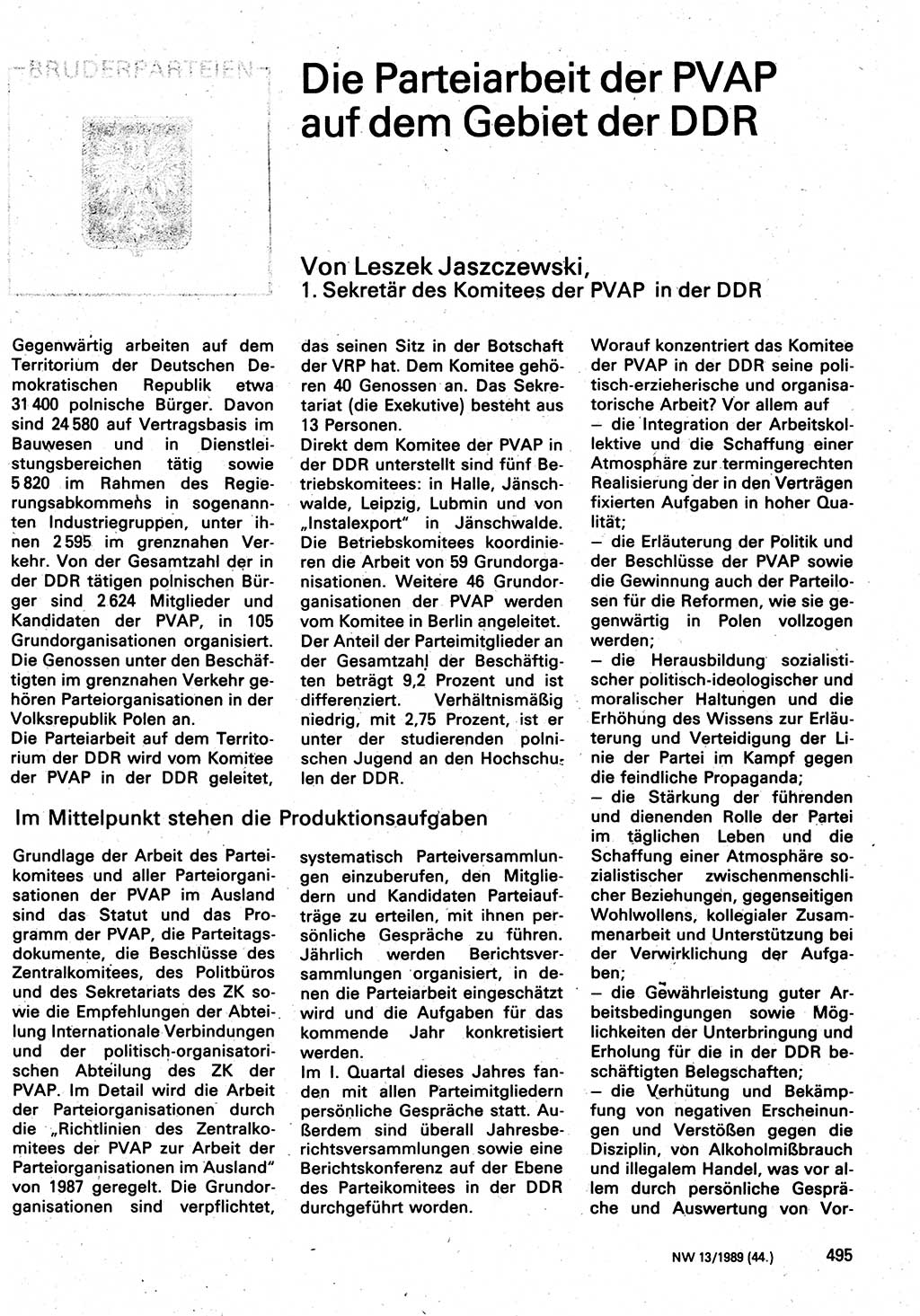 Neuer Weg (NW), Organ des Zentralkomitees (ZK) der SED (Sozialistische Einheitspartei Deutschlands) für Fragen des Parteilebens, 44. Jahrgang [Deutsche Demokratische Republik (DDR)] 1989, Seite 495 (NW ZK SED DDR 1989, S. 495)