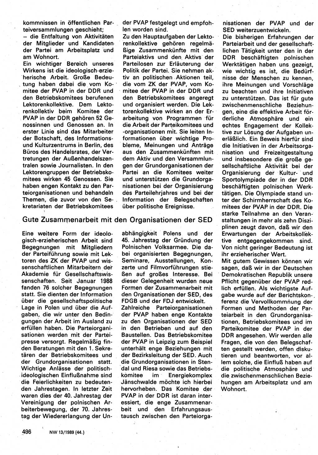 Neuer Weg (NW), Organ des Zentralkomitees (ZK) der SED (Sozialistische Einheitspartei Deutschlands) für Fragen des Parteilebens, 44. Jahrgang [Deutsche Demokratische Republik (DDR)] 1989, Seite 496 (NW ZK SED DDR 1989, S. 496)