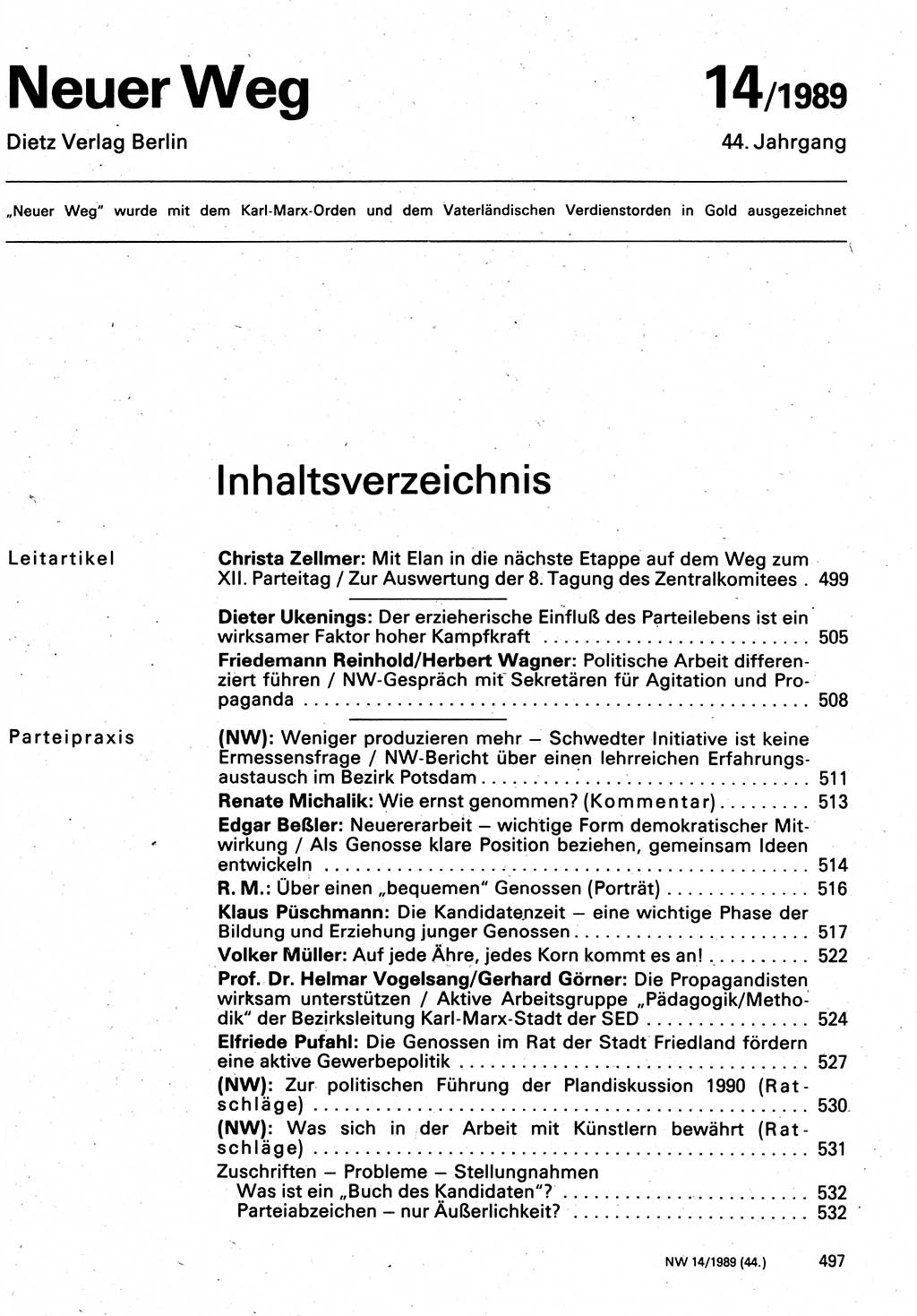 Neuer Weg (NW), Organ des Zentralkomitees (ZK) der SED (Sozialistische Einheitspartei Deutschlands) für Fragen des Parteilebens, 44. Jahrgang [Deutsche Demokratische Republik (DDR)] 1989, Seite 497 (NW ZK SED DDR 1989, S. 497)