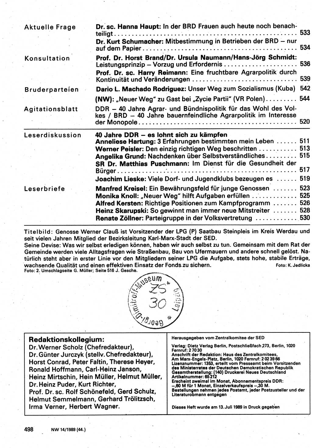 Neuer Weg (NW), Organ des Zentralkomitees (ZK) der SED (Sozialistische Einheitspartei Deutschlands) für Fragen des Parteilebens, 44. Jahrgang [Deutsche Demokratische Republik (DDR)] 1989, Seite 498 (NW ZK SED DDR 1989, S. 498)