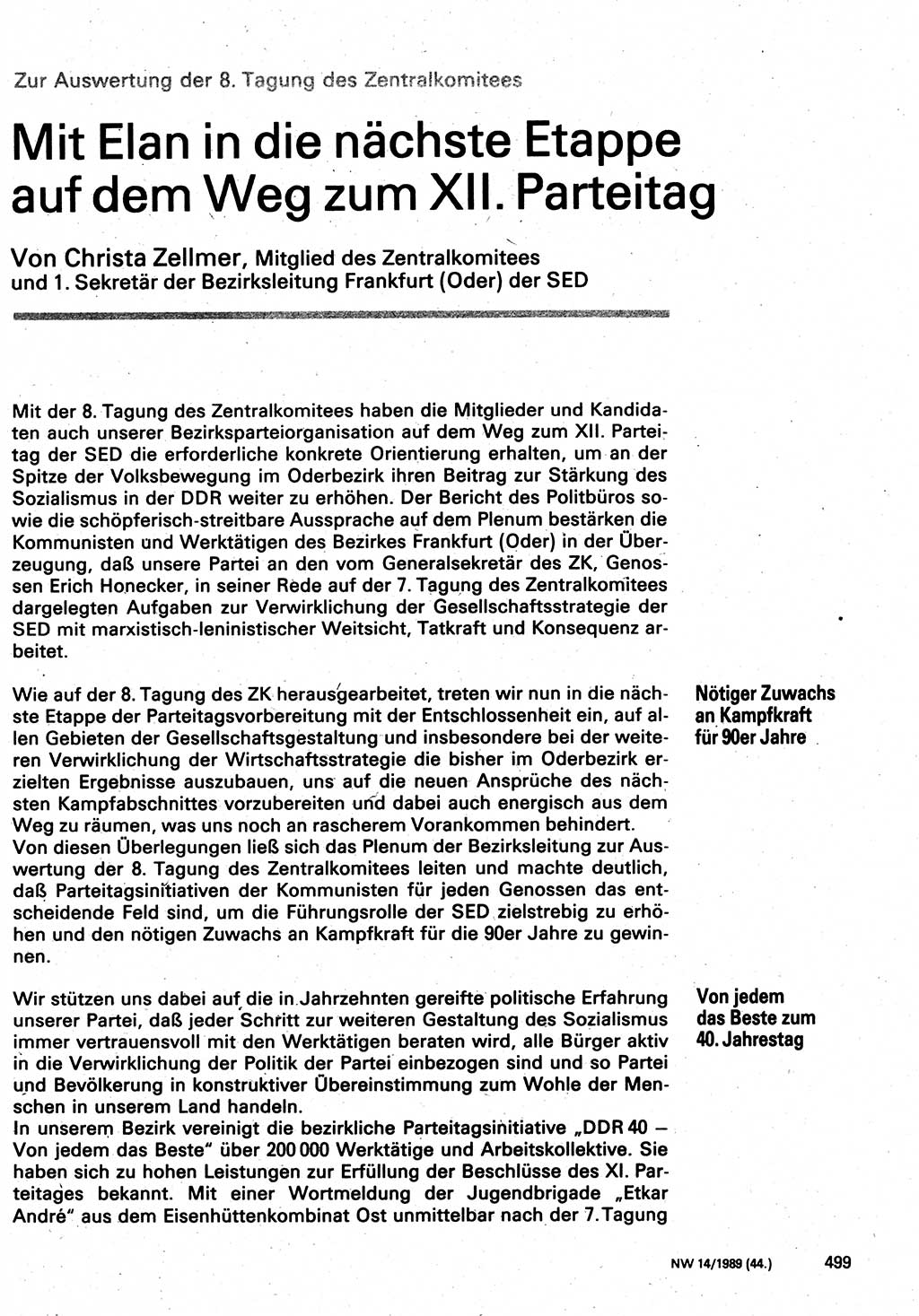 Neuer Weg (NW), Organ des Zentralkomitees (ZK) der SED (Sozialistische Einheitspartei Deutschlands) für Fragen des Parteilebens, 44. Jahrgang [Deutsche Demokratische Republik (DDR)] 1989, Seite 499 (NW ZK SED DDR 1989, S. 499)