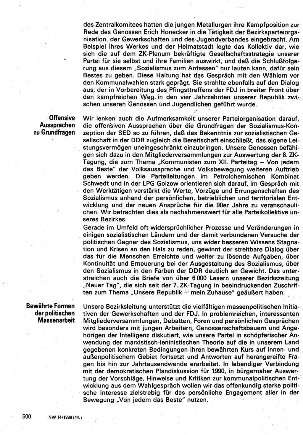 Neuer Weg (NW), Organ des Zentralkomitees (ZK) der SED (Sozialistische Einheitspartei Deutschlands) fÃ¼r Fragen des Parteilebens, 44. Jahrgang [Deutsche Demokratische Republik (DDR)] 1989, Seite 500 (NW ZK SED DDR 1989, S. 500)