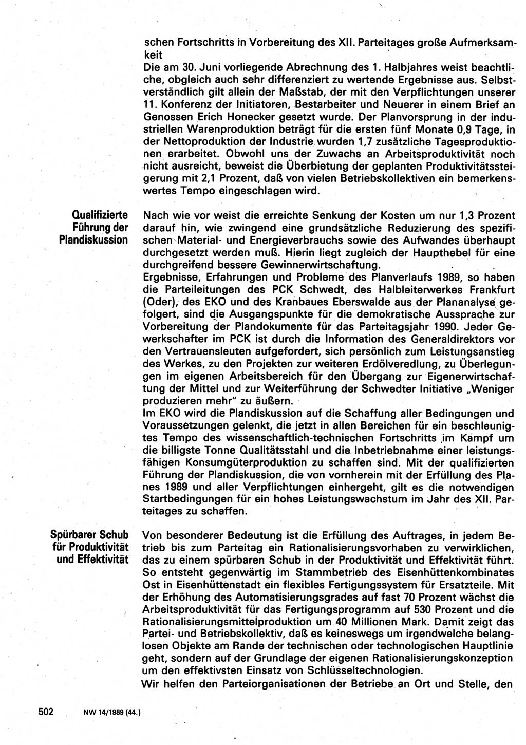 Neuer Weg (NW), Organ des Zentralkomitees (ZK) der SED (Sozialistische Einheitspartei Deutschlands) für Fragen des Parteilebens, 44. Jahrgang [Deutsche Demokratische Republik (DDR)] 1989, Seite 502 (NW ZK SED DDR 1989, S. 502)