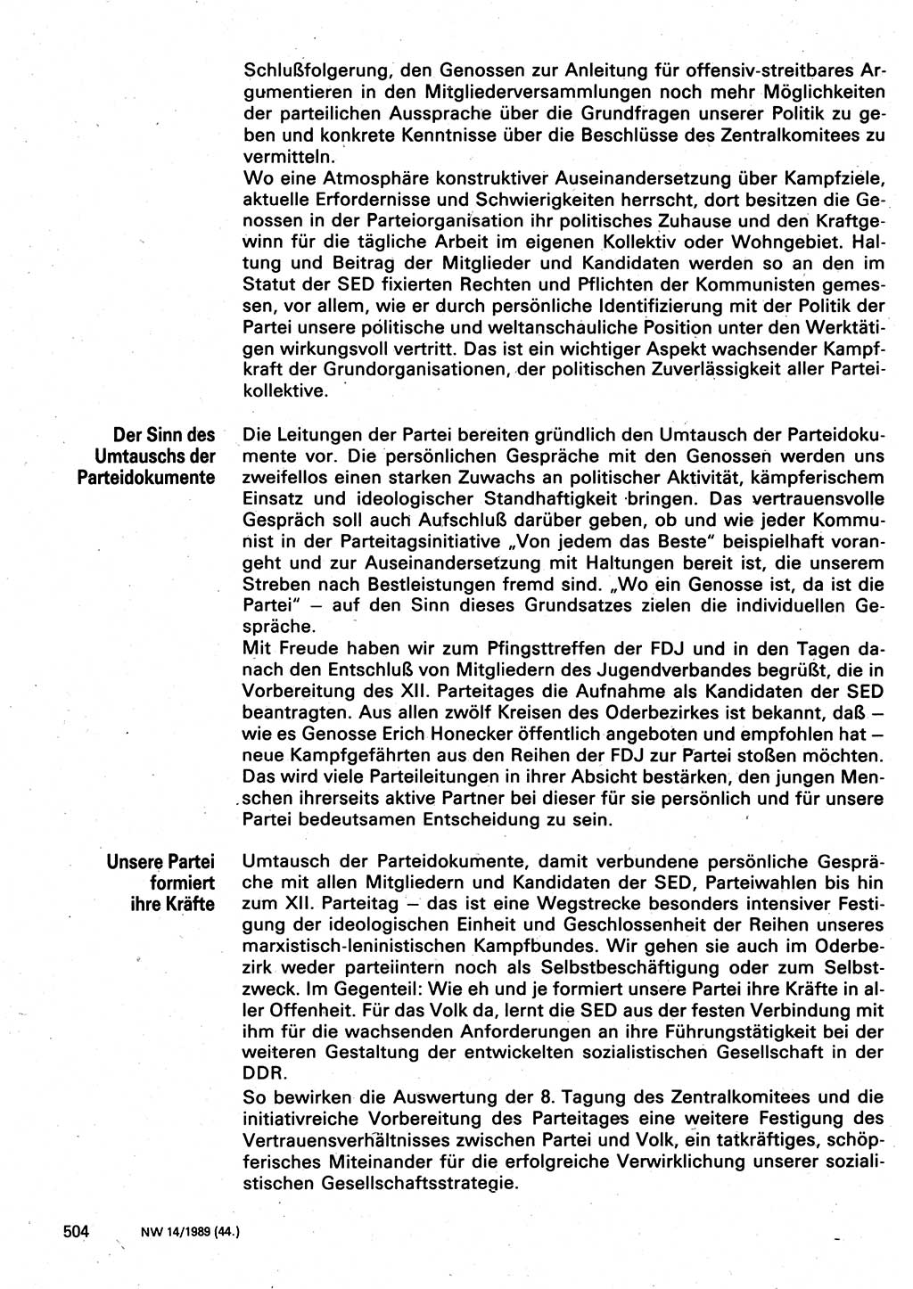 Neuer Weg (NW), Organ des Zentralkomitees (ZK) der SED (Sozialistische Einheitspartei Deutschlands) für Fragen des Parteilebens, 44. Jahrgang [Deutsche Demokratische Republik (DDR)] 1989, Seite 504 (NW ZK SED DDR 1989, S. 504)