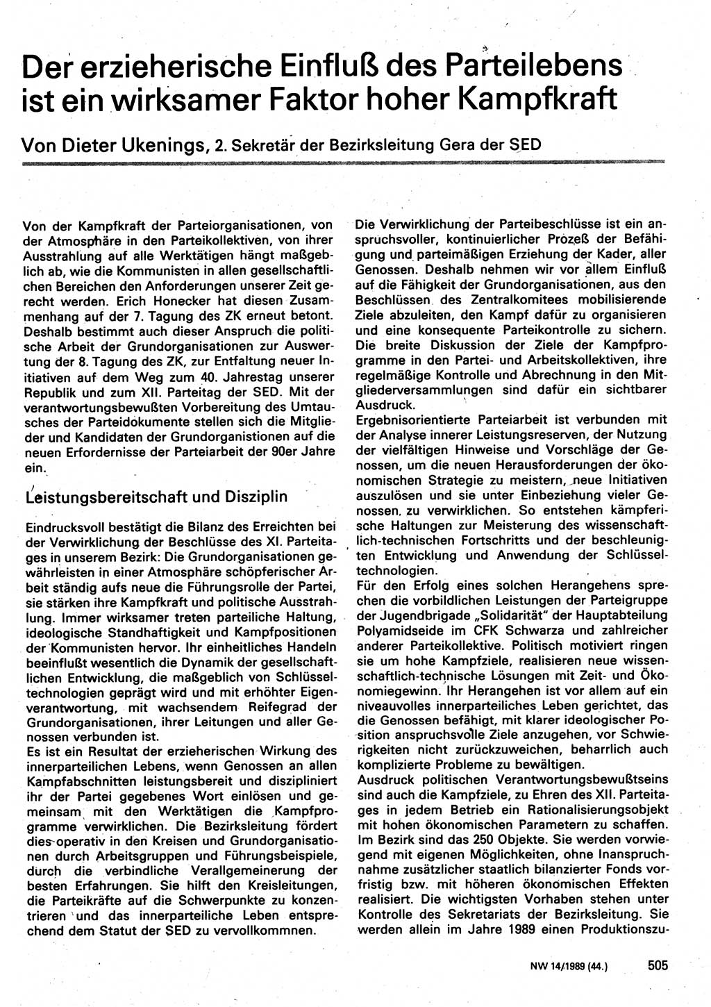Neuer Weg (NW), Organ des Zentralkomitees (ZK) der SED (Sozialistische Einheitspartei Deutschlands) für Fragen des Parteilebens, 44. Jahrgang [Deutsche Demokratische Republik (DDR)] 1989, Seite 505 (NW ZK SED DDR 1989, S. 505)