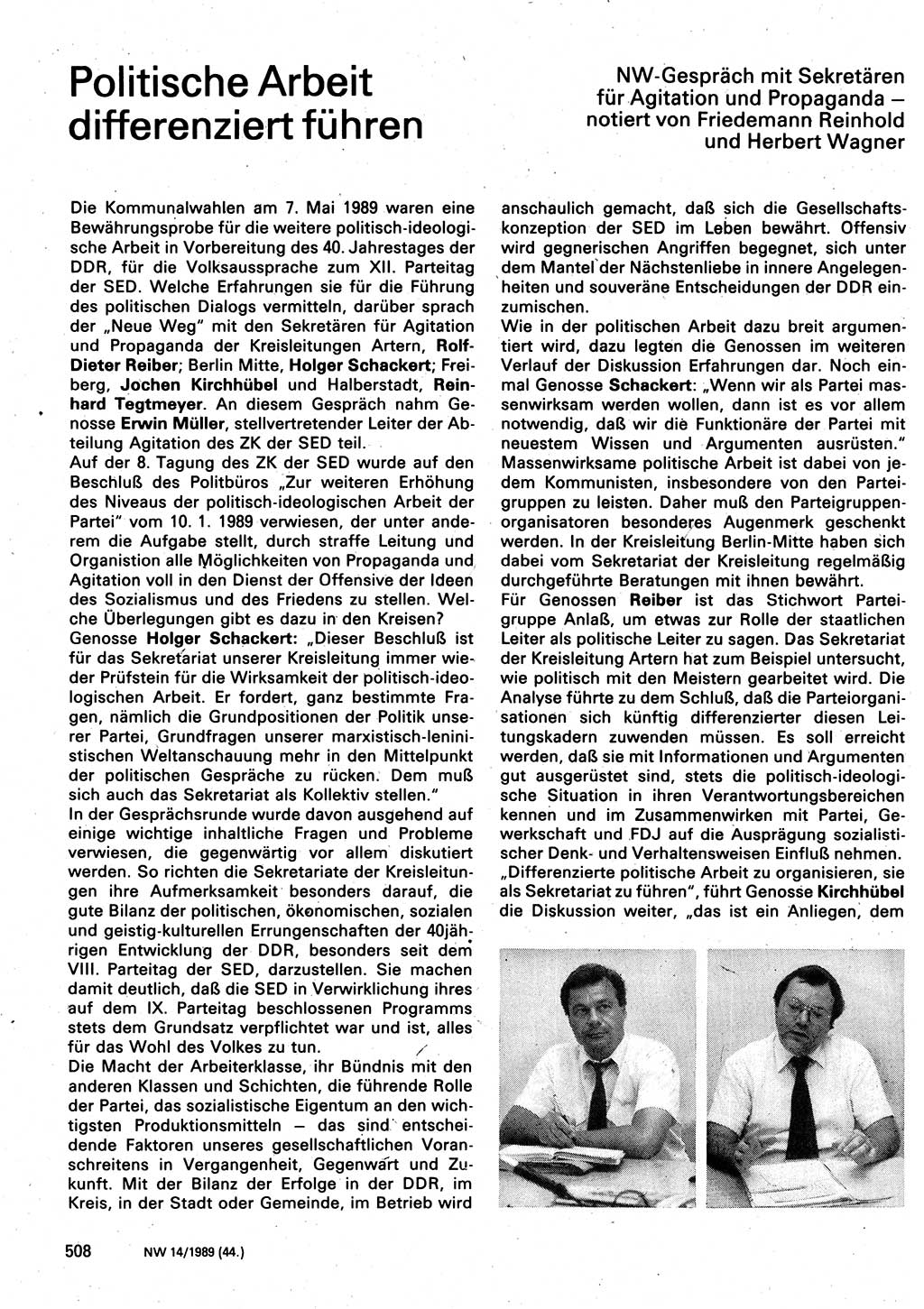 Neuer Weg (NW), Organ des Zentralkomitees (ZK) der SED (Sozialistische Einheitspartei Deutschlands) für Fragen des Parteilebens, 44. Jahrgang [Deutsche Demokratische Republik (DDR)] 1989, Seite 508 (NW ZK SED DDR 1989, S. 508)