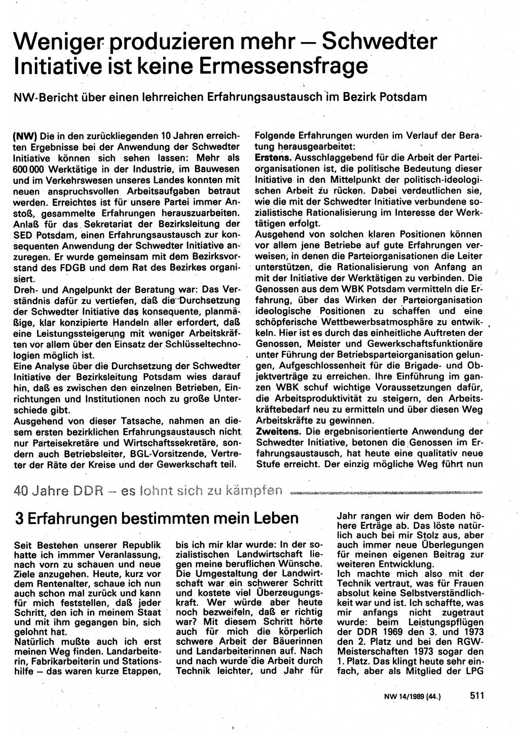 Neuer Weg (NW), Organ des Zentralkomitees (ZK) der SED (Sozialistische Einheitspartei Deutschlands) für Fragen des Parteilebens, 44. Jahrgang [Deutsche Demokratische Republik (DDR)] 1989, Seite 511 (NW ZK SED DDR 1989, S. 511)