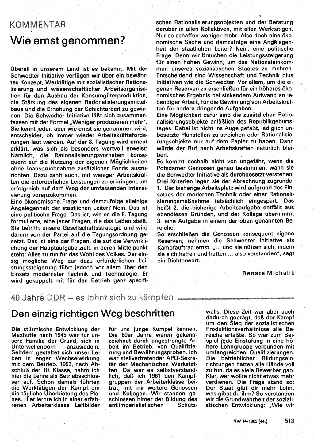 Neuer Weg (NW), Organ des Zentralkomitees (ZK) der SED (Sozialistische Einheitspartei Deutschlands) für Fragen des Parteilebens, 44. Jahrgang [Deutsche Demokratische Republik (DDR)] 1989, Seite 513 (NW ZK SED DDR 1989, S. 513)