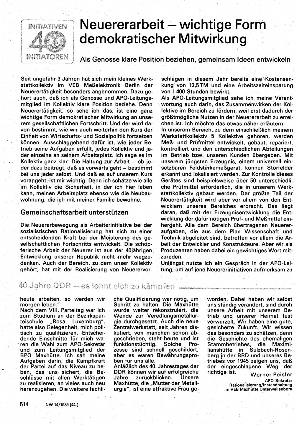 Neuer Weg (NW), Organ des Zentralkomitees (ZK) der SED (Sozialistische Einheitspartei Deutschlands) für Fragen des Parteilebens, 44. Jahrgang [Deutsche Demokratische Republik (DDR)] 1989, Seite 514 (NW ZK SED DDR 1989, S. 514)