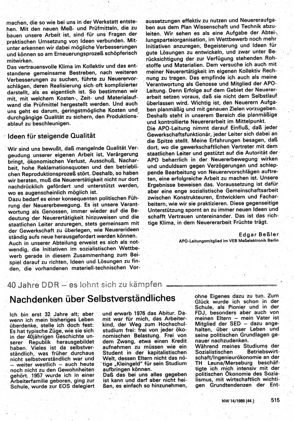 Neuer Weg (NW), Organ des Zentralkomitees (ZK) der SED (Sozialistische Einheitspartei Deutschlands) für Fragen des Parteilebens, 44. Jahrgang [Deutsche Demokratische Republik (DDR)] 1989, Seite 515 (NW ZK SED DDR 1989, S. 515)