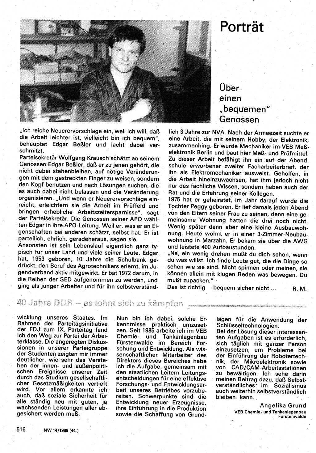 Neuer Weg (NW), Organ des Zentralkomitees (ZK) der SED (Sozialistische Einheitspartei Deutschlands) für Fragen des Parteilebens, 44. Jahrgang [Deutsche Demokratische Republik (DDR)] 1989, Seite 516 (NW ZK SED DDR 1989, S. 516)