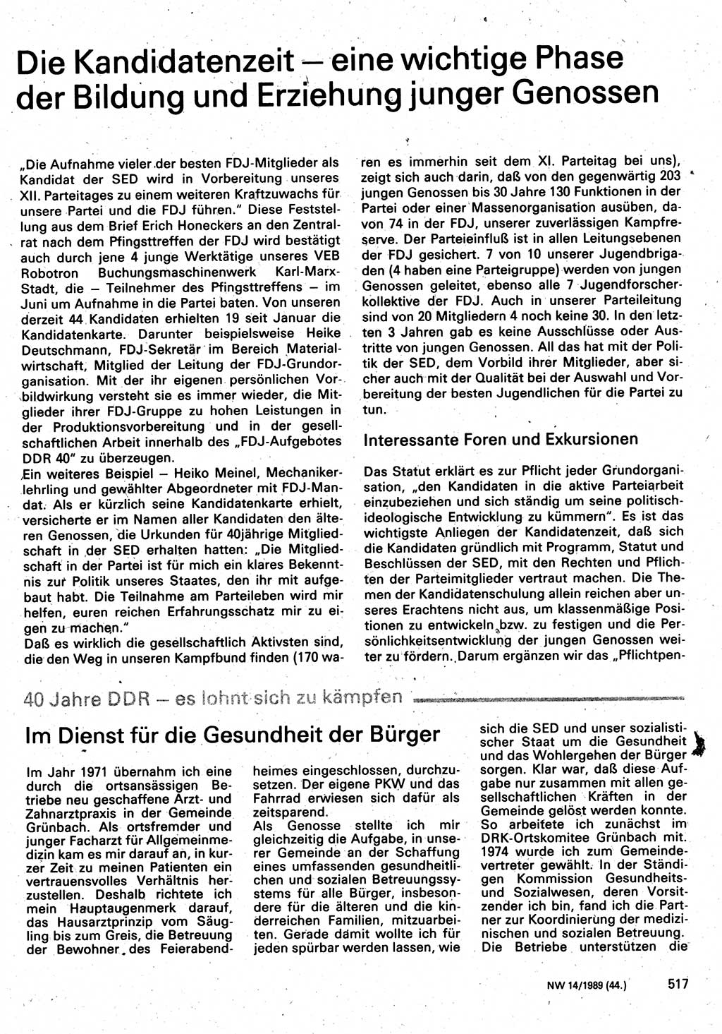 Neuer Weg (NW), Organ des Zentralkomitees (ZK) der SED (Sozialistische Einheitspartei Deutschlands) für Fragen des Parteilebens, 44. Jahrgang [Deutsche Demokratische Republik (DDR)] 1989, Seite 517 (NW ZK SED DDR 1989, S. 517)