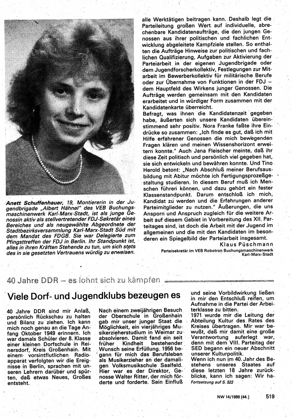 Neuer Weg (NW), Organ des Zentralkomitees (ZK) der SED (Sozialistische Einheitspartei Deutschlands) für Fragen des Parteilebens, 44. Jahrgang [Deutsche Demokratische Republik (DDR)] 1989, Seite 519 (NW ZK SED DDR 1989, S. 519)