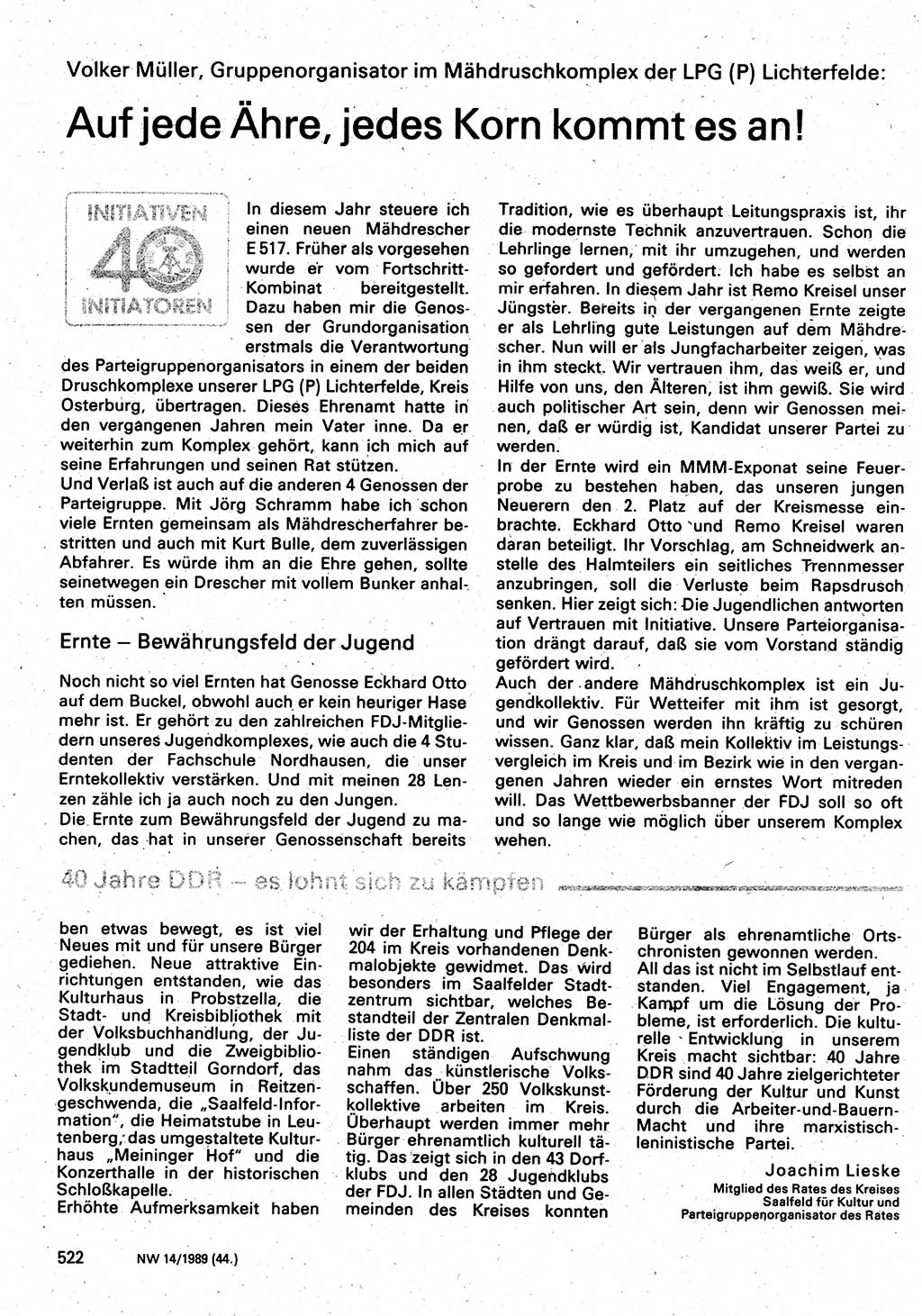 Neuer Weg (NW), Organ des Zentralkomitees (ZK) der SED (Sozialistische Einheitspartei Deutschlands) für Fragen des Parteilebens, 44. Jahrgang [Deutsche Demokratische Republik (DDR)] 1989, Seite 522 (NW ZK SED DDR 1989, S. 522)