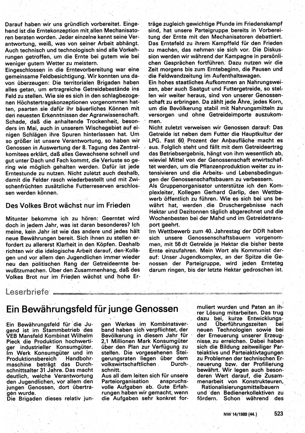 Neuer Weg (NW), Organ des Zentralkomitees (ZK) der SED (Sozialistische Einheitspartei Deutschlands) für Fragen des Parteilebens, 44. Jahrgang [Deutsche Demokratische Republik (DDR)] 1989, Seite 523 (NW ZK SED DDR 1989, S. 523)