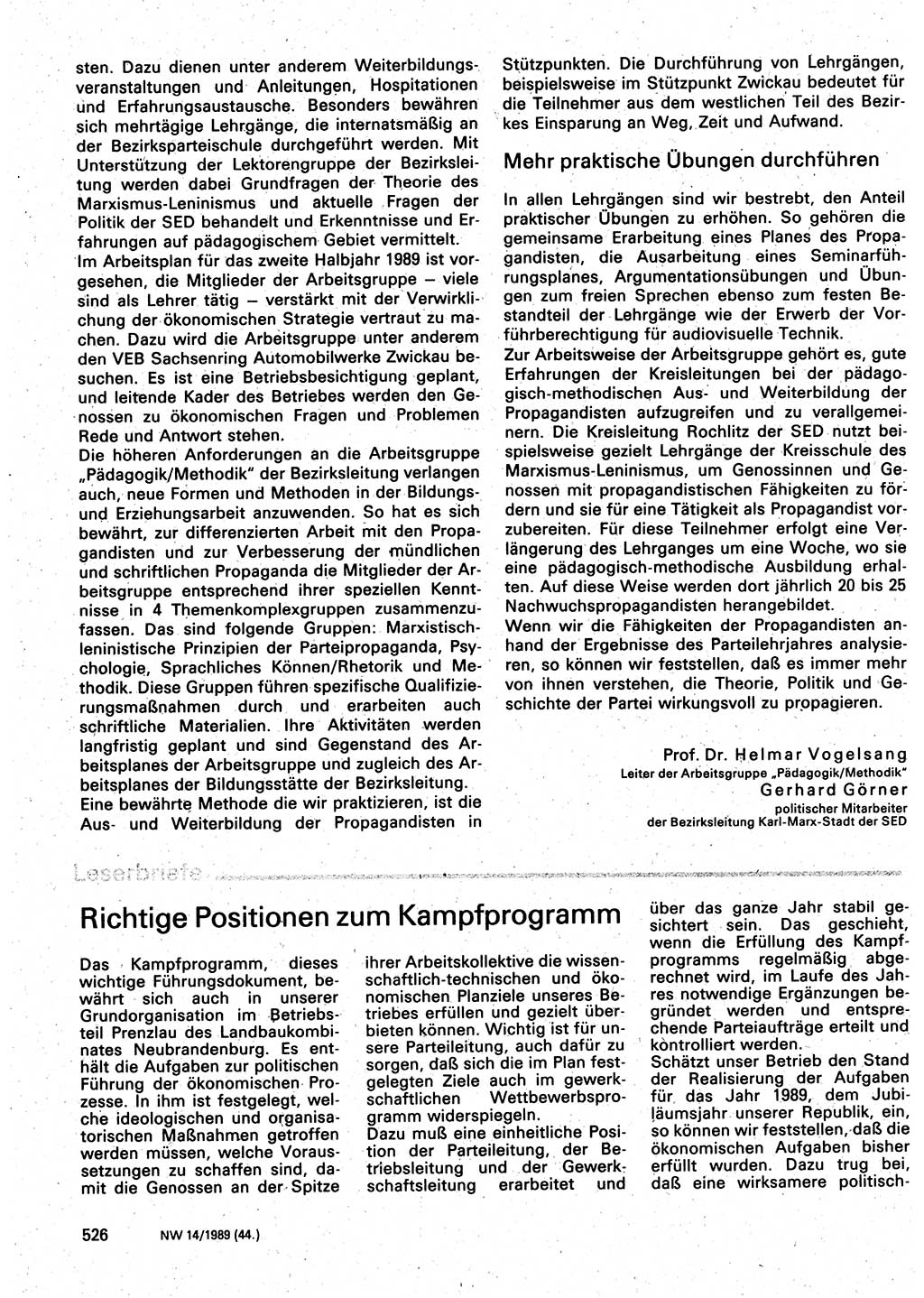Neuer Weg (NW), Organ des Zentralkomitees (ZK) der SED (Sozialistische Einheitspartei Deutschlands) für Fragen des Parteilebens, 44. Jahrgang [Deutsche Demokratische Republik (DDR)] 1989, Seite 526 (NW ZK SED DDR 1989, S. 526)