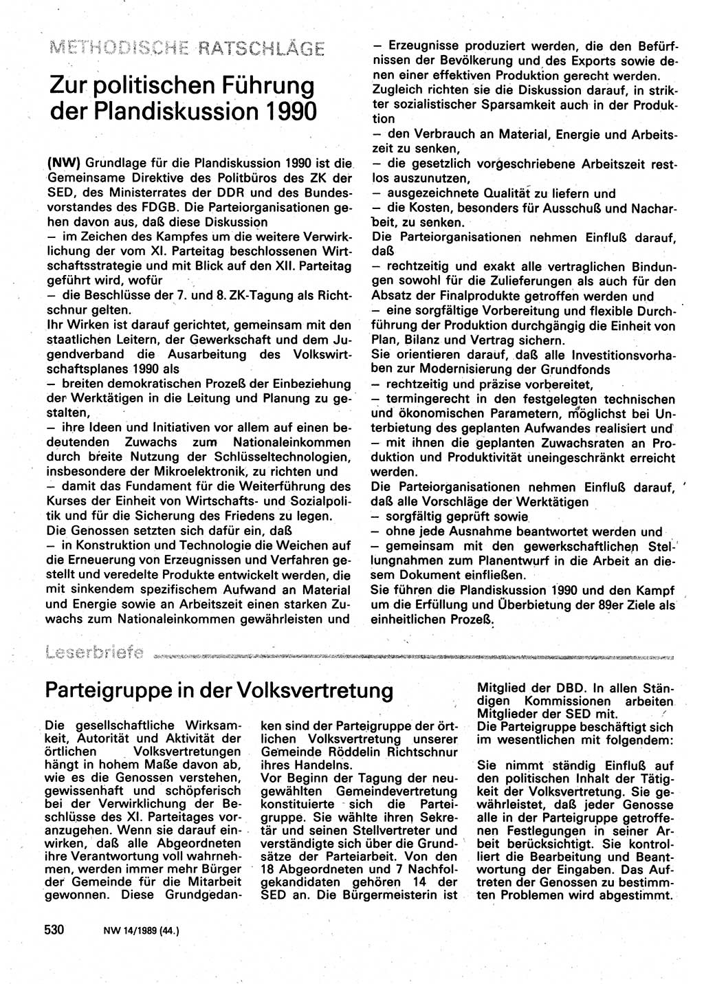 Neuer Weg (NW), Organ des Zentralkomitees (ZK) der SED (Sozialistische Einheitspartei Deutschlands) für Fragen des Parteilebens, 44. Jahrgang [Deutsche Demokratische Republik (DDR)] 1989, Seite 530 (NW ZK SED DDR 1989, S. 530)