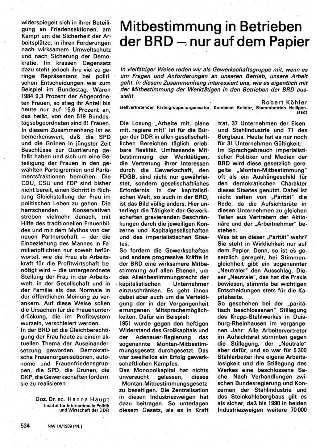 Neuer Weg (NW), Organ des Zentralkomitees (ZK) der SED (Sozialistische Einheitspartei Deutschlands) für Fragen des Parteilebens, 44. Jahrgang [Deutsche Demokratische Republik (DDR)] 1989, Seite 534 (NW ZK SED DDR 1989, S. 534)