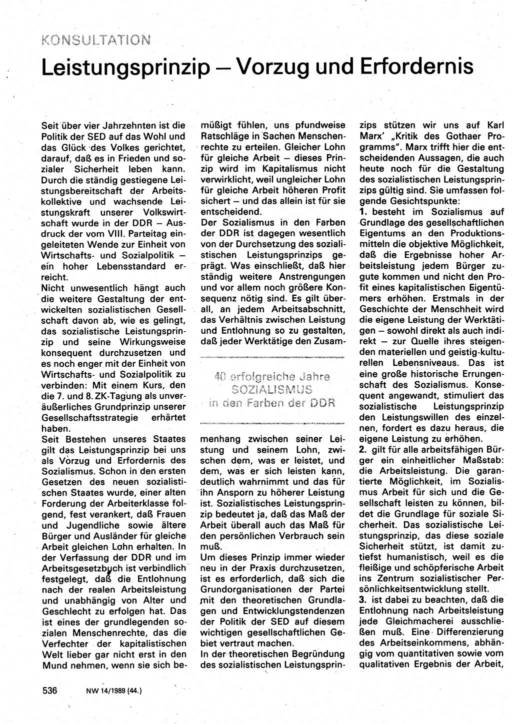 Neuer Weg (NW), Organ des Zentralkomitees (ZK) der SED (Sozialistische Einheitspartei Deutschlands) für Fragen des Parteilebens, 44. Jahrgang [Deutsche Demokratische Republik (DDR)] 1989, Seite 536 (NW ZK SED DDR 1989, S. 536)