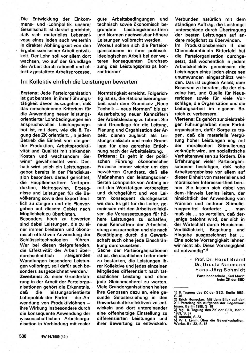 Neuer Weg (NW), Organ des Zentralkomitees (ZK) der SED (Sozialistische Einheitspartei Deutschlands) für Fragen des Parteilebens, 44. Jahrgang [Deutsche Demokratische Republik (DDR)] 1989, Seite 538 (NW ZK SED DDR 1989, S. 538)