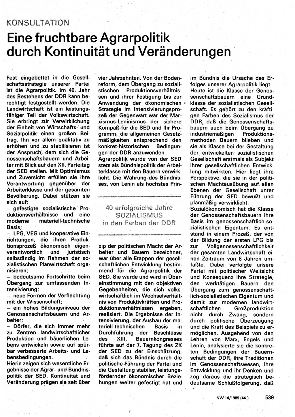Neuer Weg (NW), Organ des Zentralkomitees (ZK) der SED (Sozialistische Einheitspartei Deutschlands) für Fragen des Parteilebens, 44. Jahrgang [Deutsche Demokratische Republik (DDR)] 1989, Seite 539 (NW ZK SED DDR 1989, S. 539)