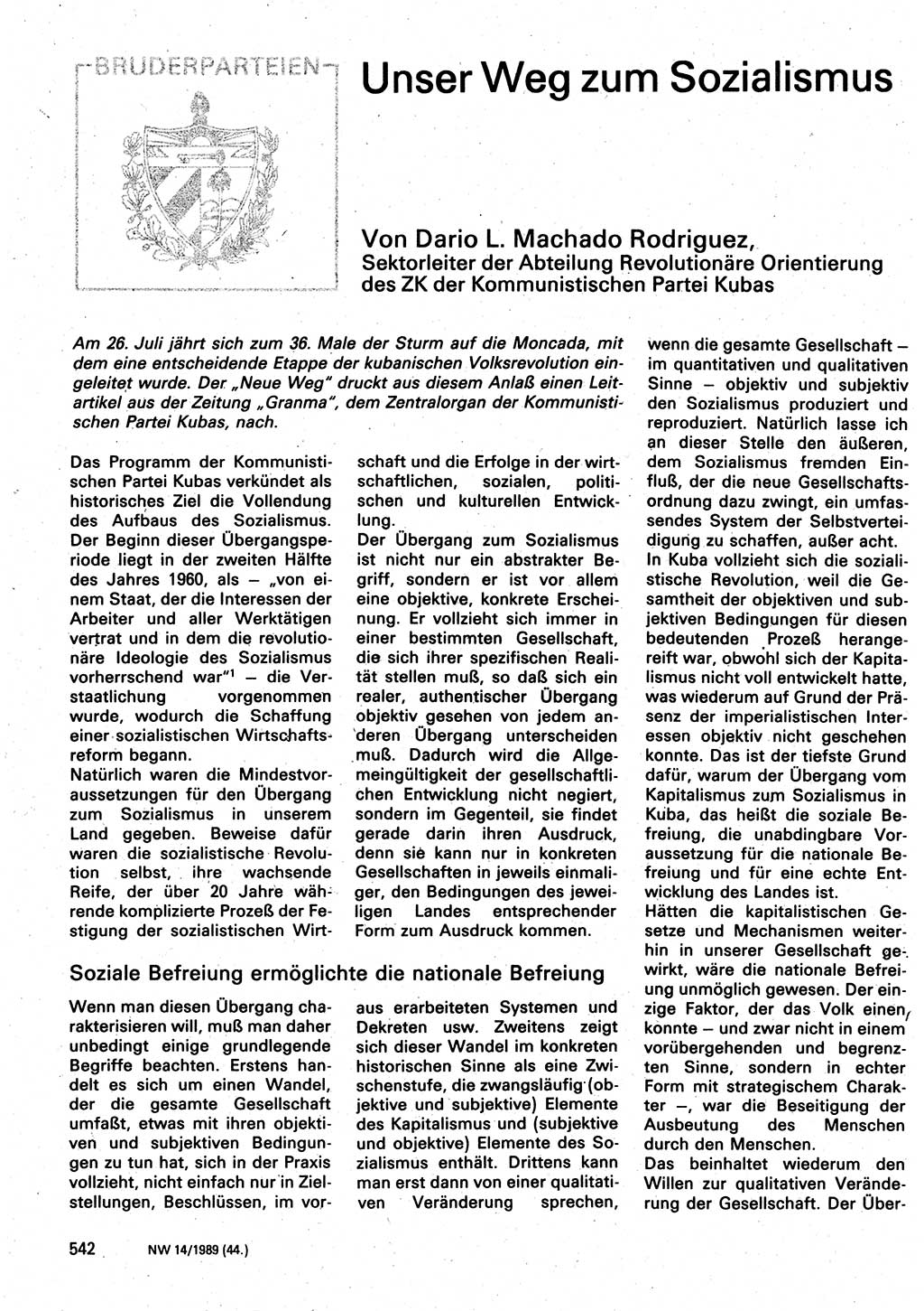 Neuer Weg (NW), Organ des Zentralkomitees (ZK) der SED (Sozialistische Einheitspartei Deutschlands) für Fragen des Parteilebens, 44. Jahrgang [Deutsche Demokratische Republik (DDR)] 1989, Seite 542 (NW ZK SED DDR 1989, S. 542)