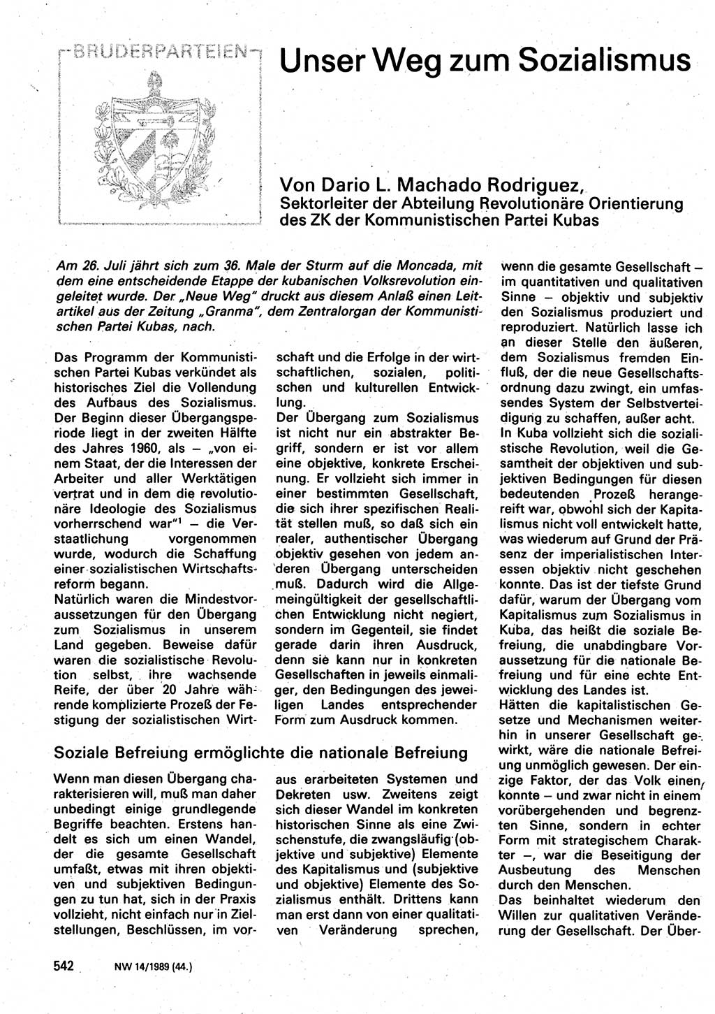 Neuer Weg (NW), Organ des Zentralkomitees (ZK) der SED (Sozialistische Einheitspartei Deutschlands) für Fragen des Parteilebens, 44. Jahrgang [Deutsche Demokratische Republik (DDR)] 1989, Seite 542 (NW ZK SED DDR 1989, S. 542)