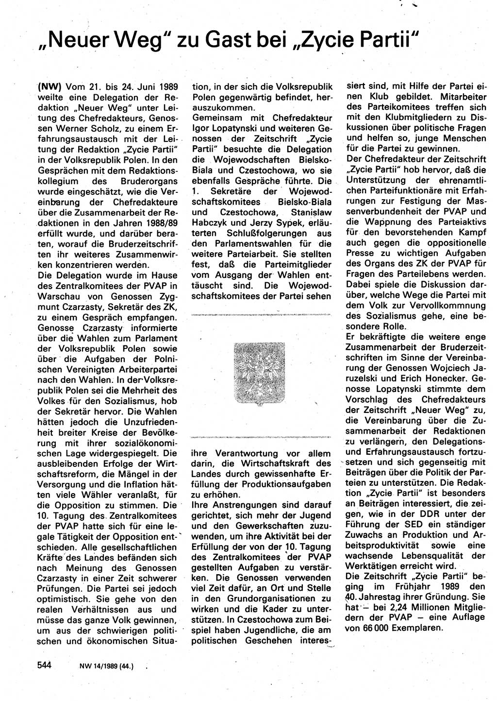 Neuer Weg (NW), Organ des Zentralkomitees (ZK) der SED (Sozialistische Einheitspartei Deutschlands) für Fragen des Parteilebens, 44. Jahrgang [Deutsche Demokratische Republik (DDR)] 1989, Seite 544 (NW ZK SED DDR 1989, S. 544)
