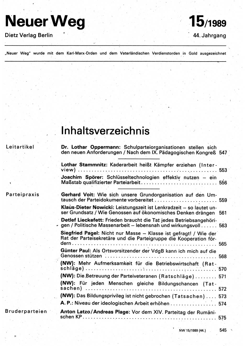 Neuer Weg (NW), Organ des Zentralkomitees (ZK) der SED (Sozialistische Einheitspartei Deutschlands) für Fragen des Parteilebens, 44. Jahrgang [Deutsche Demokratische Republik (DDR)] 1989, Seite 545 (NW ZK SED DDR 1989, S. 545)