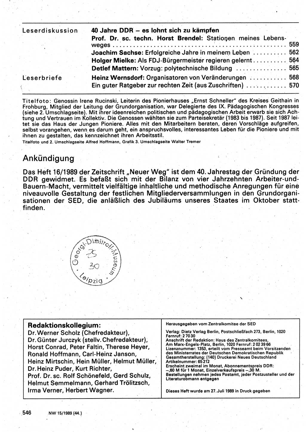 Neuer Weg (NW), Organ des Zentralkomitees (ZK) der SED (Sozialistische Einheitspartei Deutschlands) für Fragen des Parteilebens, 44. Jahrgang [Deutsche Demokratische Republik (DDR)] 1989, Seite 546 (NW ZK SED DDR 1989, S. 546)