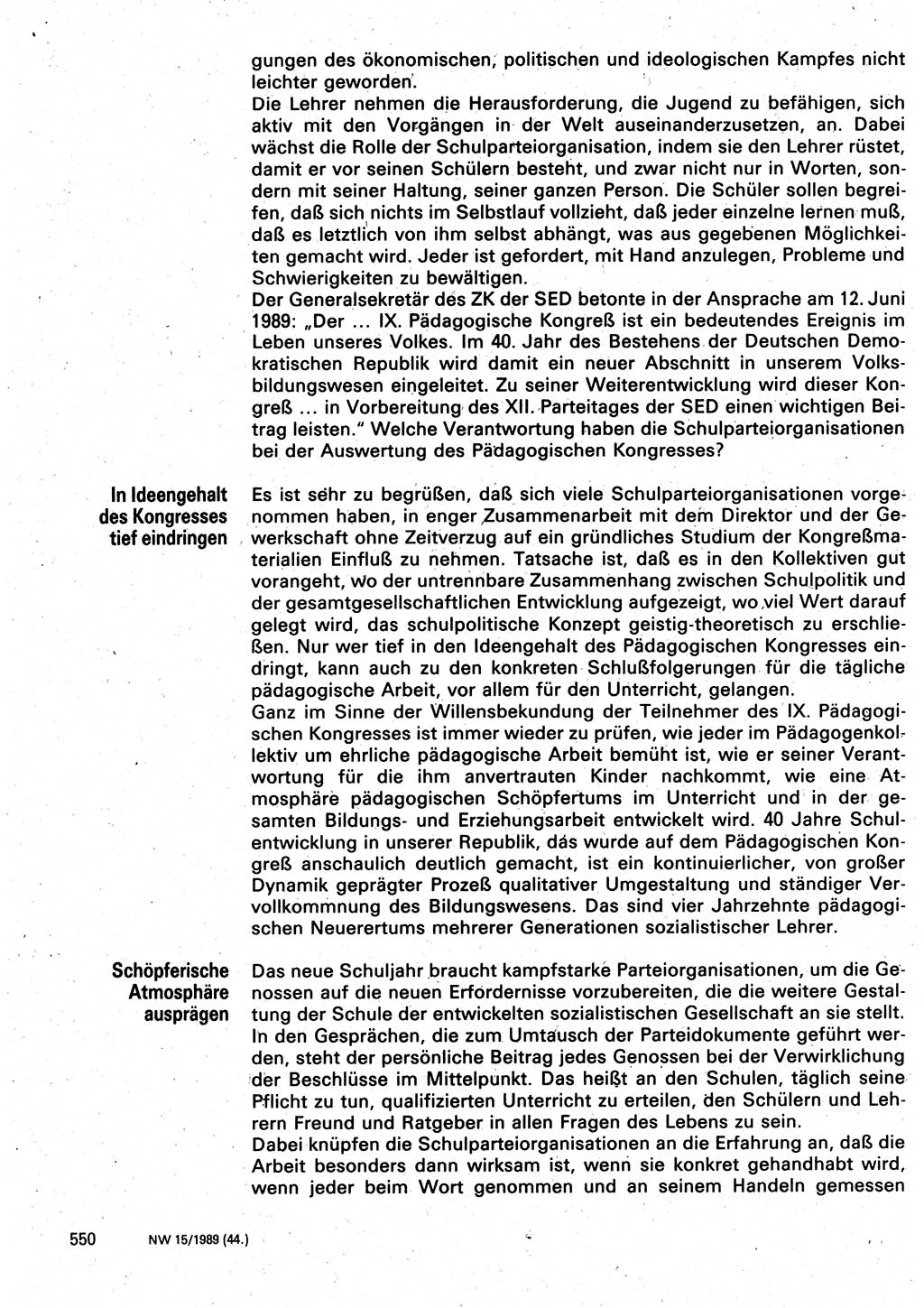 Neuer Weg (NW), Organ des Zentralkomitees (ZK) der SED (Sozialistische Einheitspartei Deutschlands) für Fragen des Parteilebens, 44. Jahrgang [Deutsche Demokratische Republik (DDR)] 1989, Seite 550 (NW ZK SED DDR 1989, S. 550)