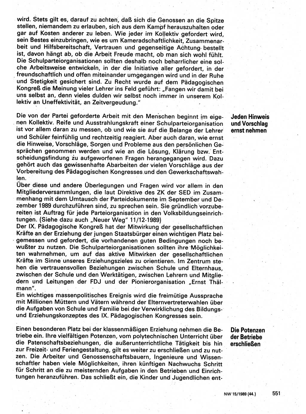 Neuer Weg (NW), Organ des Zentralkomitees (ZK) der SED (Sozialistische Einheitspartei Deutschlands) für Fragen des Parteilebens, 44. Jahrgang [Deutsche Demokratische Republik (DDR)] 1989, Seite 551 (NW ZK SED DDR 1989, S. 551)