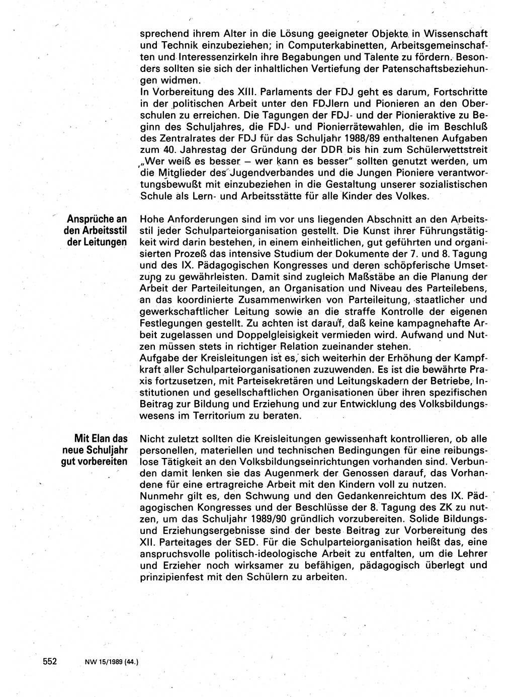 Neuer Weg (NW), Organ des Zentralkomitees (ZK) der SED (Sozialistische Einheitspartei Deutschlands) für Fragen des Parteilebens, 44. Jahrgang [Deutsche Demokratische Republik (DDR)] 1989, Seite 552 (NW ZK SED DDR 1989, S. 552)