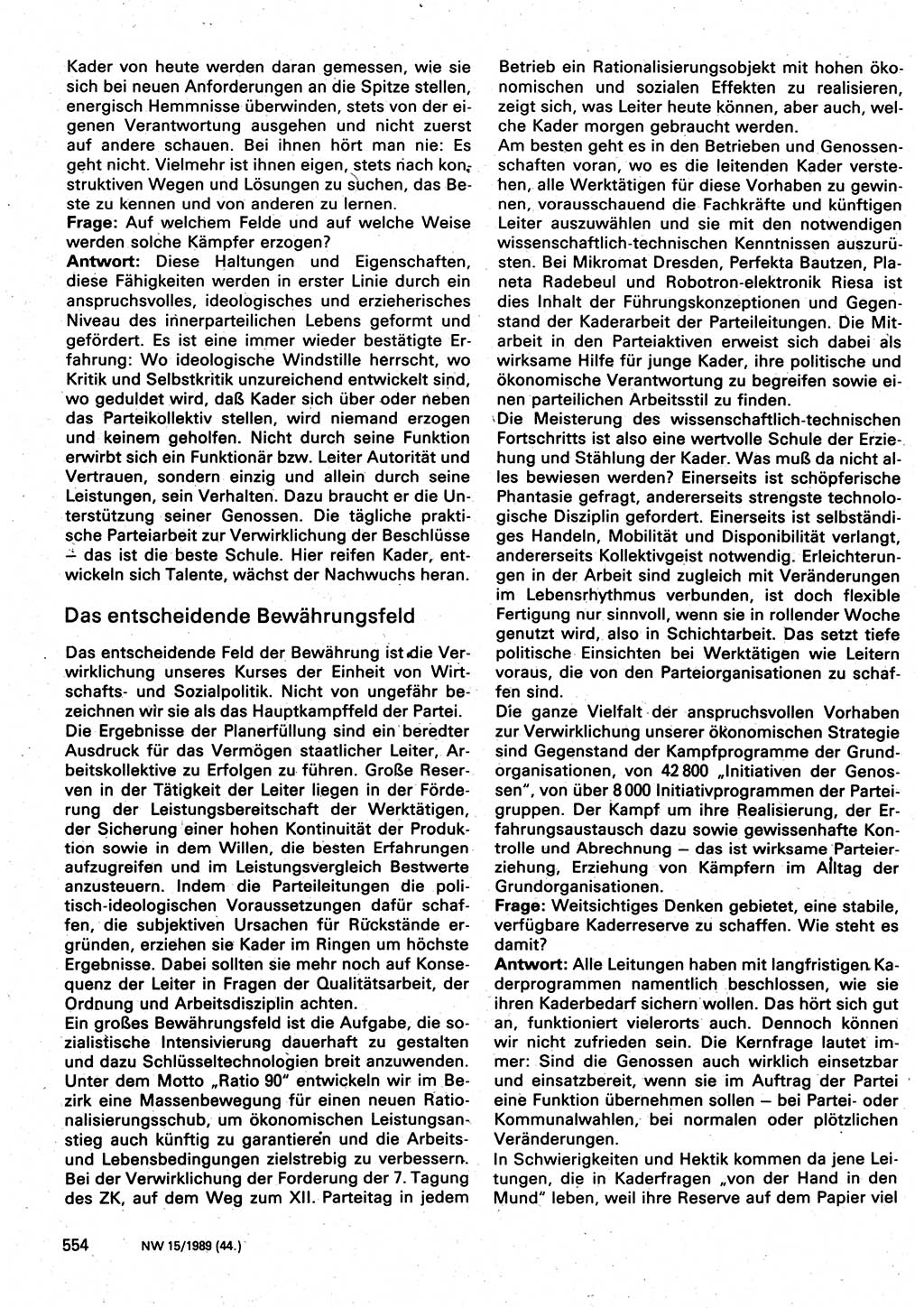 Neuer Weg (NW), Organ des Zentralkomitees (ZK) der SED (Sozialistische Einheitspartei Deutschlands) für Fragen des Parteilebens, 44. Jahrgang [Deutsche Demokratische Republik (DDR)] 1989, Seite 554 (NW ZK SED DDR 1989, S. 554)