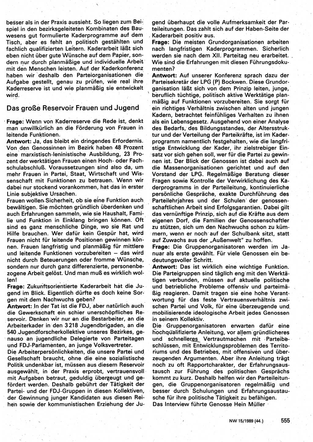 Neuer Weg (NW), Organ des Zentralkomitees (ZK) der SED (Sozialistische Einheitspartei Deutschlands) für Fragen des Parteilebens, 44. Jahrgang [Deutsche Demokratische Republik (DDR)] 1989, Seite 555 (NW ZK SED DDR 1989, S. 555)