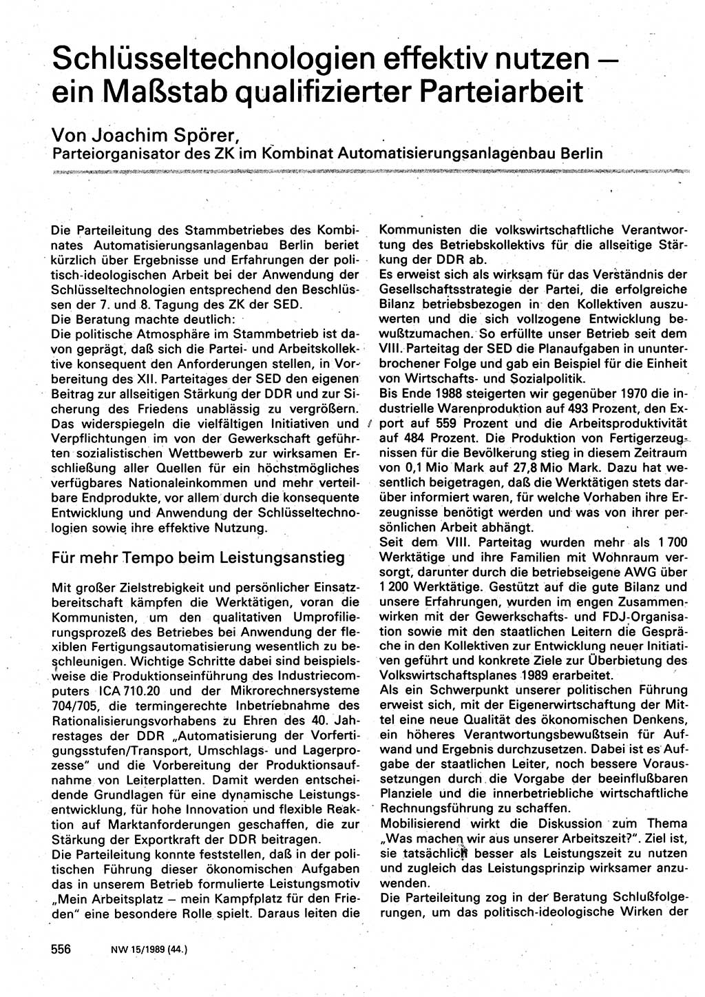 Neuer Weg (NW), Organ des Zentralkomitees (ZK) der SED (Sozialistische Einheitspartei Deutschlands) für Fragen des Parteilebens, 44. Jahrgang [Deutsche Demokratische Republik (DDR)] 1989, Seite 556 (NW ZK SED DDR 1989, S. 556)