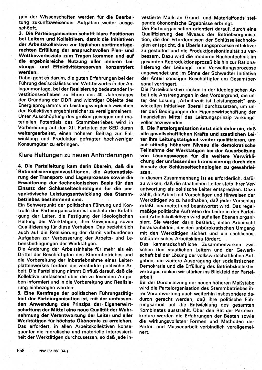 Neuer Weg (NW), Organ des Zentralkomitees (ZK) der SED (Sozialistische Einheitspartei Deutschlands) für Fragen des Parteilebens, 44. Jahrgang [Deutsche Demokratische Republik (DDR)] 1989, Seite 558 (NW ZK SED DDR 1989, S. 558)