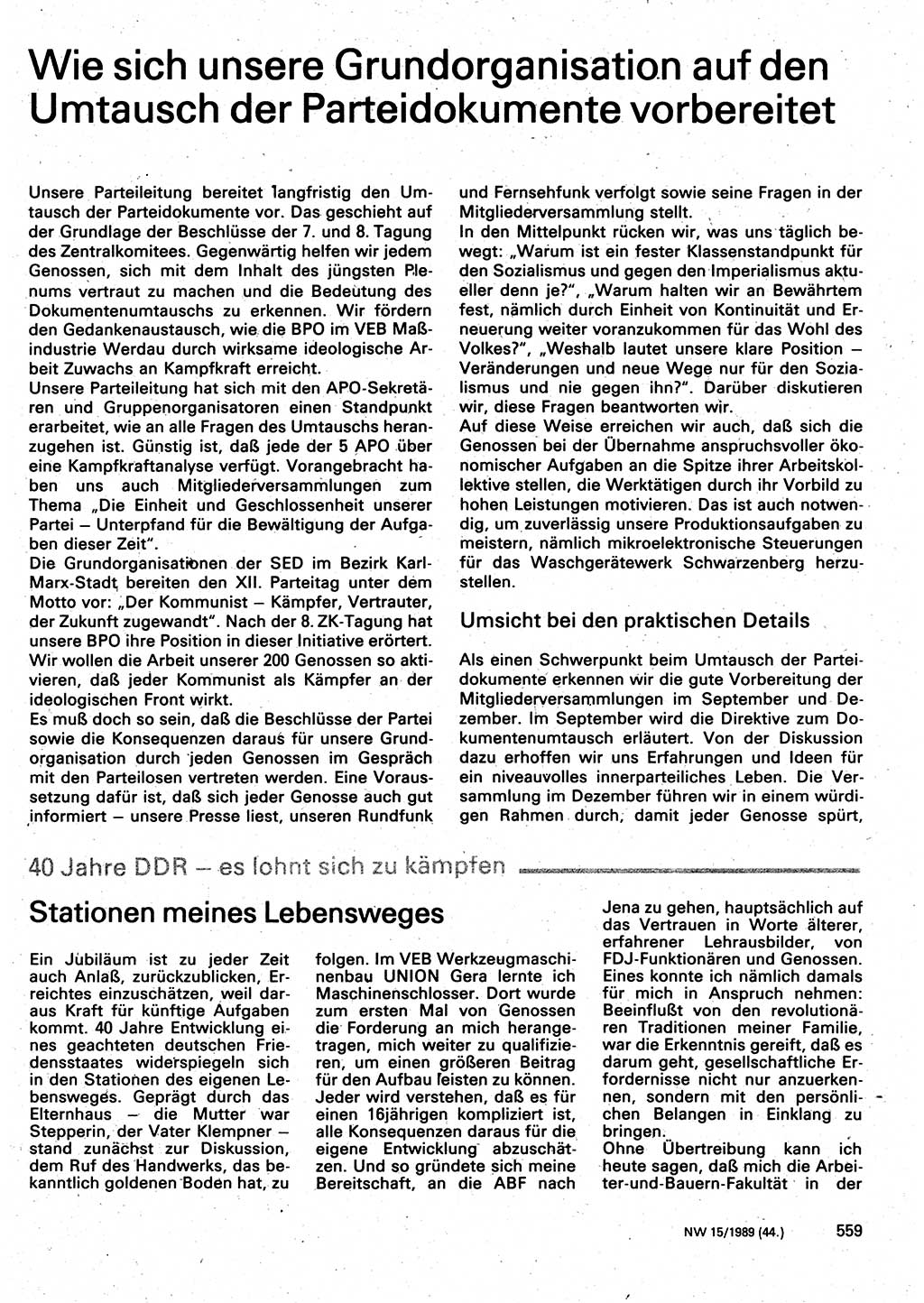 Neuer Weg (NW), Organ des Zentralkomitees (ZK) der SED (Sozialistische Einheitspartei Deutschlands) für Fragen des Parteilebens, 44. Jahrgang [Deutsche Demokratische Republik (DDR)] 1989, Seite 559 (NW ZK SED DDR 1989, S. 559)